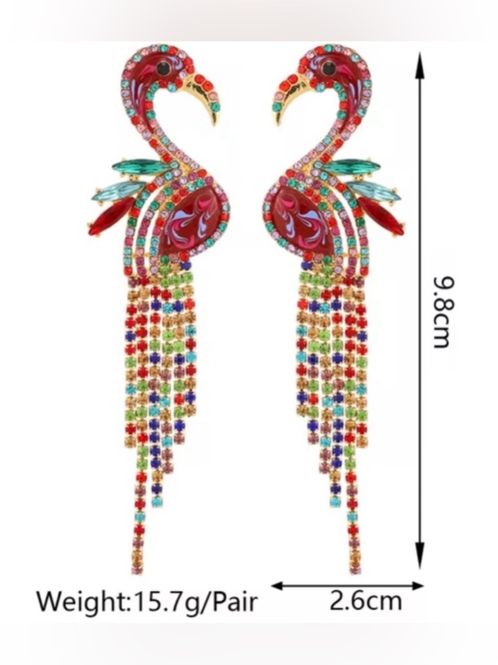 New Natasha Colorful Flamingo Drop Earrings - Red Multi-Color Crystal Fringe - Picture 13 of 14
